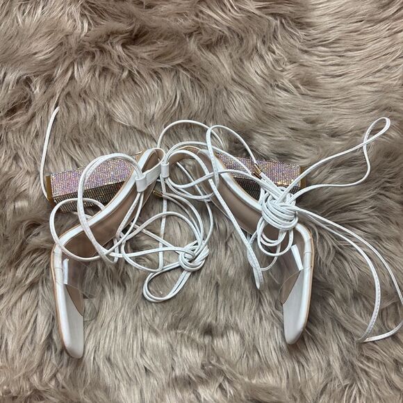 Rhinestones Block Heel Lace Up Ankle Wrap Sandals - Picture 7 of 16